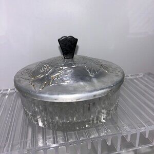 Roger Kent Trinket Powder Candy Dish Floral Aluminum Lid Bakelite Handle 4.5"